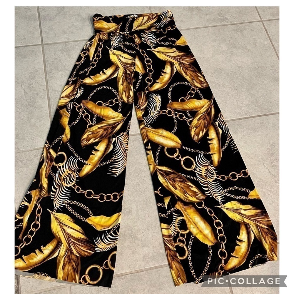 Black & Gold Abstract Print Palazzo Pants